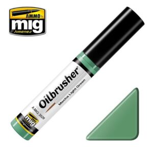 Ammo by Mig Jimenez Oilbrusher Mochas Light Green marker for precise model and art applications.