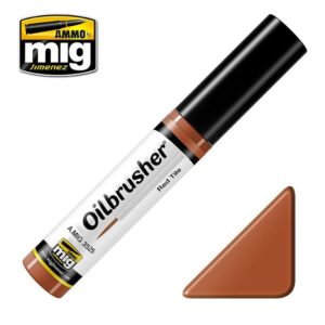 Oilbrusher Red Tube: Premium oil paint for modelers, includes a complementary warm brown swatch.