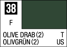 Olive Drab color swatch #38 in English and German for design and manufacturing use.