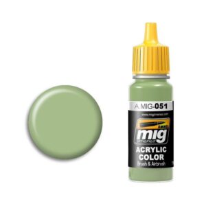 MIG Olive Green Acrylic Paint, versatile for artists and modelers, with precision nozzle and bright cap.