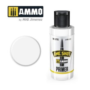One Shot Primer by AMMO: premium white primer paint for model painting and artistic projects.