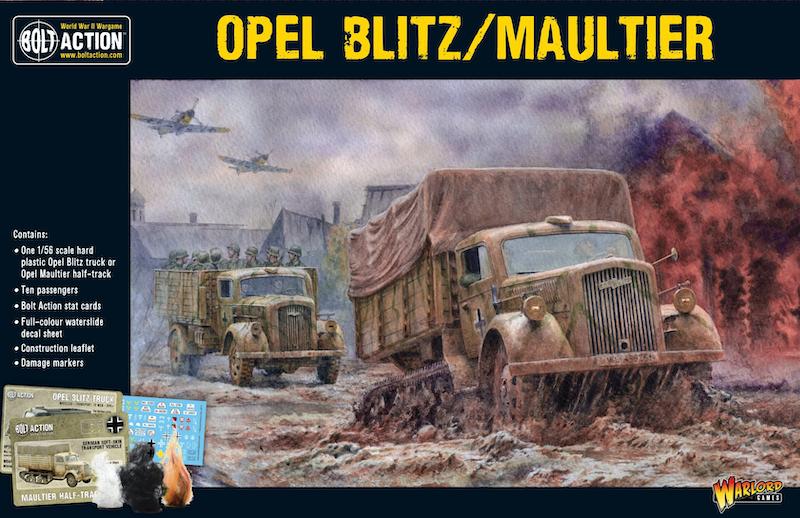 Opel Blitz truck in muddy WWII battlefield carries supplies under ominous skies, showcasing wartime resilience.