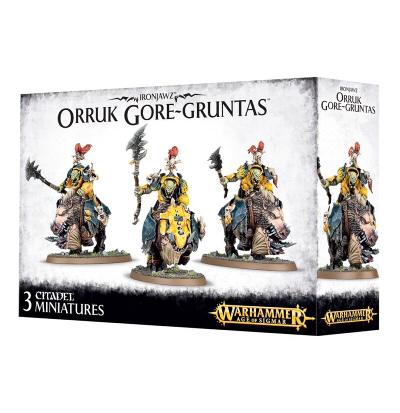 Orruk Gore-Gruntas miniatures set: detailed warriors and boars for Warhammer tabletop gaming.