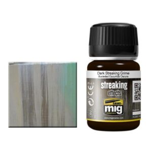 Realistic weathering paint swatch beside Dark Streaking Grime bottle for modeling effects.