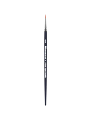 Professional fine tip paintbrush with dark blue handle and vibrant orange bristles for detailed artwork.