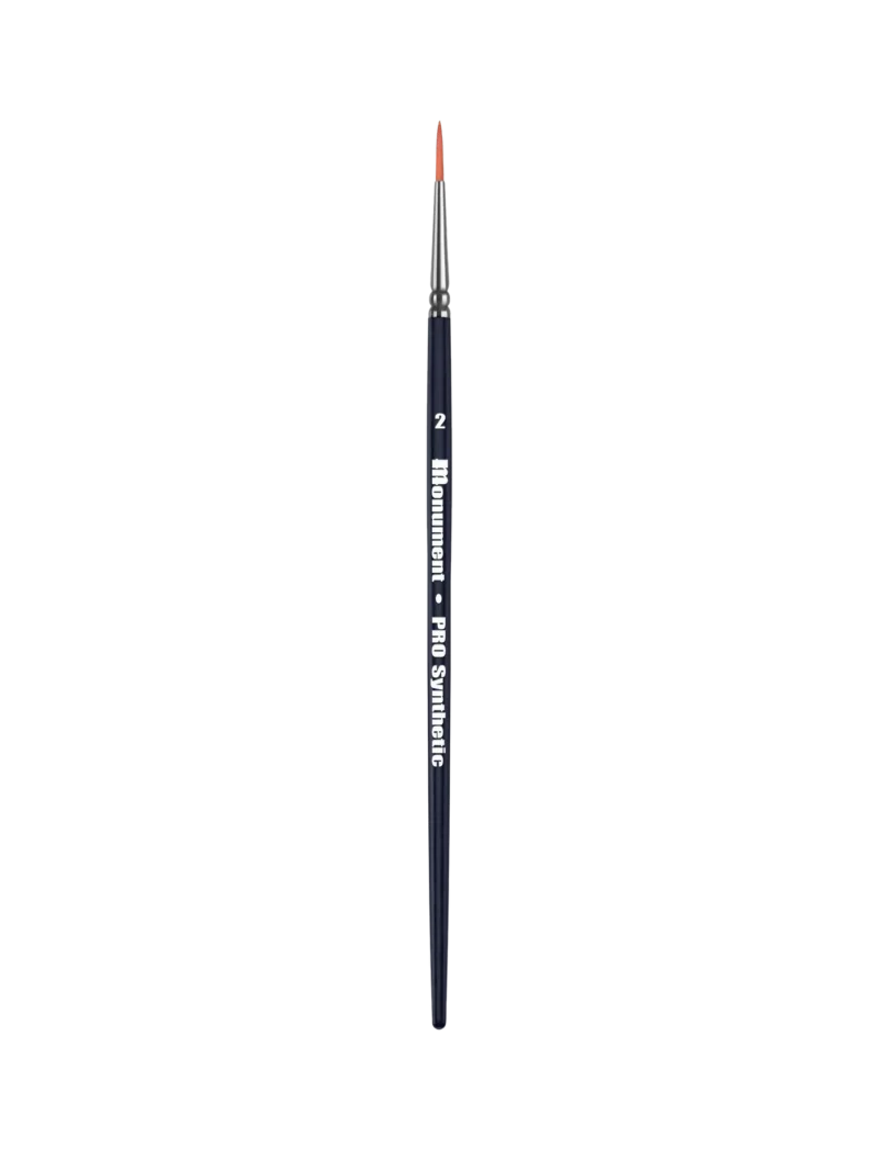Fine detail paintbrush with black handle, orange accents, and precision bristles for intricate artwork.