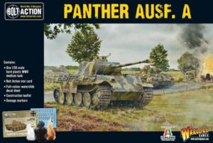 Italeri Panther Ausf. A model kit: detailed tank, vibrant battlefield scene, interactive gameplay included.
