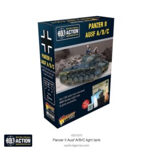 Panzer II Ausf A/B/C model box art from Bolt Action tabletop wargame featuring battlefield scene.