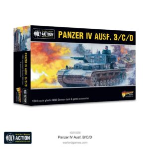 Panzer IV Ausf. B/C/D model box for Bolt Action features vibrant battle artwork and detailed design.