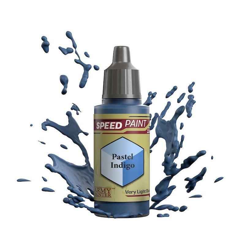Sleek dark gray bottle of Pastel Indigo Speed Paint with vibrant blue splashes.
