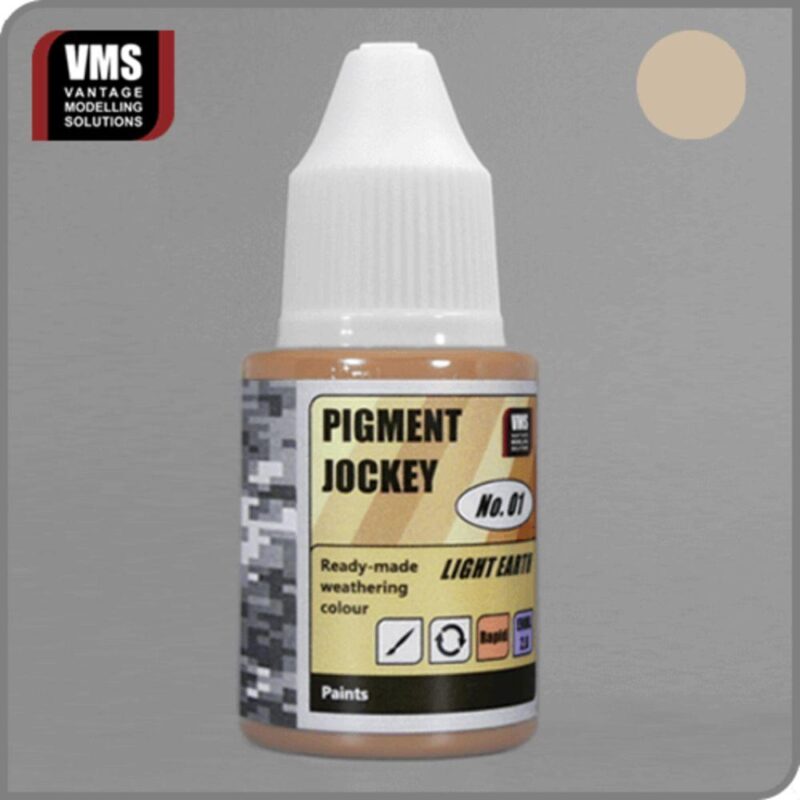 Pigment Jockey weathering paint by Vantage Modelling Solutions in brown bottle with white cap.