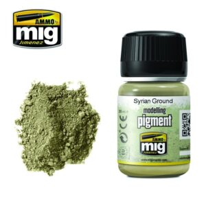 Vibrant Syrian Ground pigment jar and loose powder for realistic scale models and dioramas.