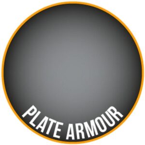 Stylish Plate Armour design with gray gradient, bold text, and vibrant orange accents.