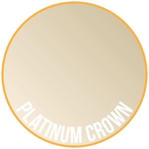 Elegant platinum crown design with white text and vibrant orange border on a creamy background.