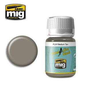Ammo by Mig Jimenez Medium Tan Panel Line Wash for enhancing scale model details.