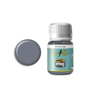 MIG PLW Tan Grey paint bottle for models, showcasing a versatile color swatch for projects.
