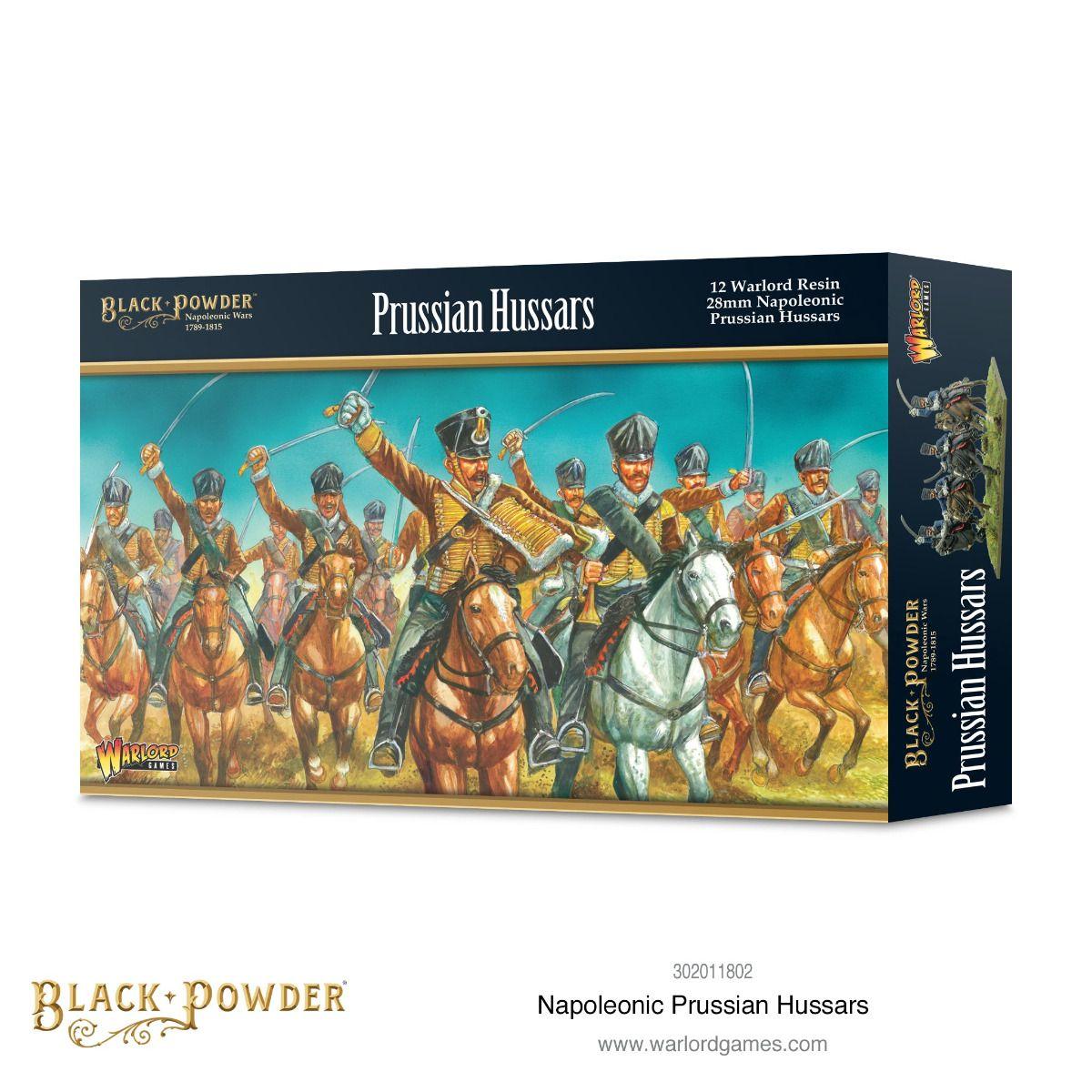 Prussian Hussars miniature set: vibrant Napoleonic cavalry artwork for wargaming enthusiasts.