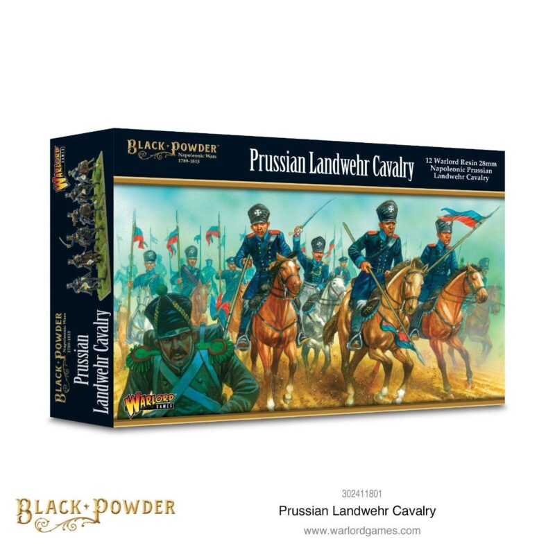 Prussian Landwehr Cavalry model kit art shows dynamic cavalry charging in traditional blue uniforms.