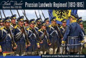 Prussian Landwehr soldiers in blue and yellow uniforms ready for battle during the Napoleonic Wars.