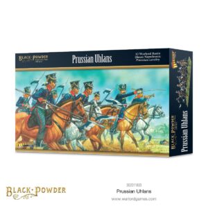 Prussian Uhlans model kit featuring dynamic Napoleonic cavalry in action with vibrant uniforms and lances.