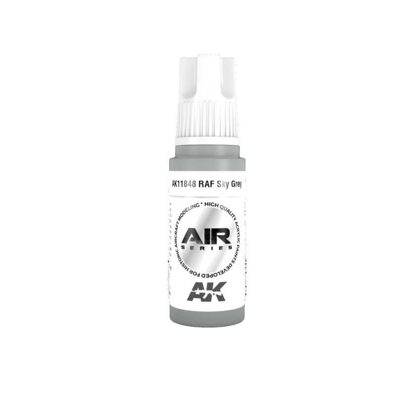 AK RAF Sky Grey airbrush paint bottle for model enthusiasts, featuring precise application and historical accuracy.