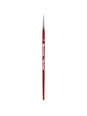 Elegant red handle paintbrush designed for precision, featuring a shiny ferrule and fine bristles.