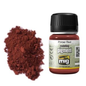 Vibrant red modeling pigment with Primer Red container for artists and model enthusiasts.