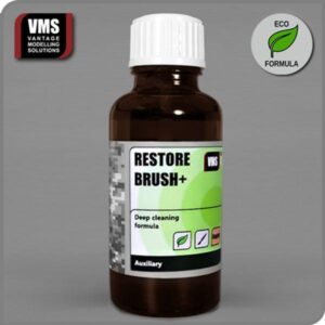 VMS Restore Brush+: Eco-friendly deep cleaning formula for modelers in a sleek amber bottle.