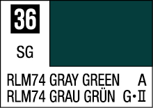 RLM74 Gray Green color swatch card with bilingual labels and specifications for modeling projects.