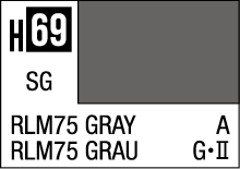 RLM75 Gray color sample card for model painting, featuring H69 designation and bilingual labeling.
