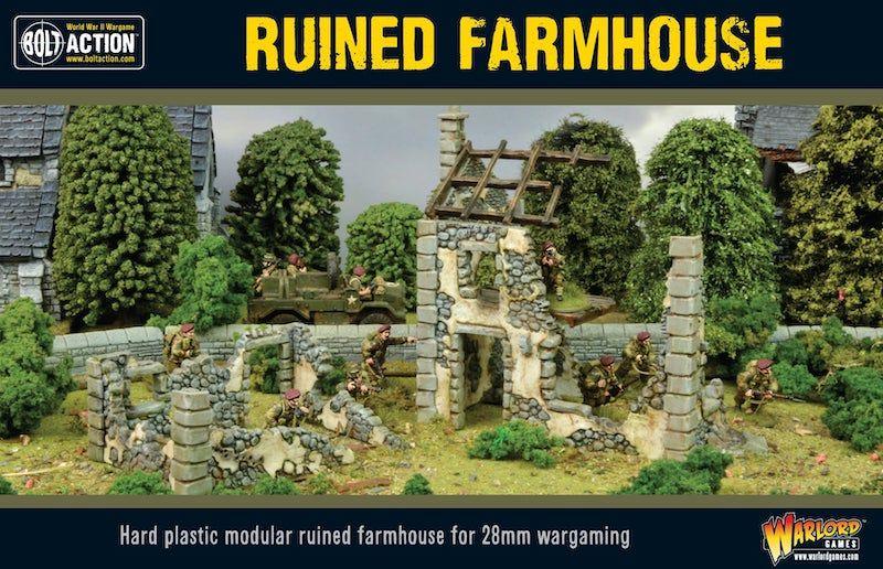 28mm wargaming ruined farmhouse model with detailed stonework and immersive terrain for customizable battles.