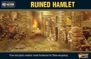 Ruined hamlet diorama for wargaming, featuring detailed farmhouse ruins and dramatic battle effects.