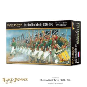 Miniature model set featuring Russian Line Infantry in Napoleonic uniforms, showcasing their disciplined formation.
