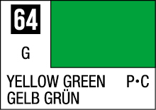 Bright yellow-green color sample card labeled 64, featuring YELLOW GREEN and GELB GRÜN.