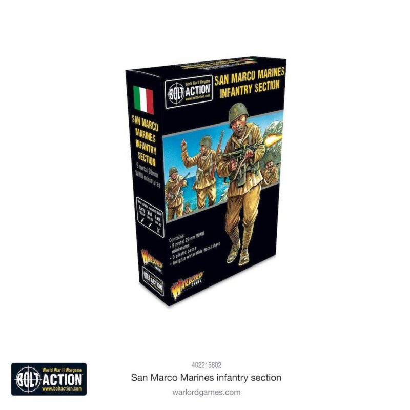 San Marco Marines Infantry set for Bolt Action, featuring dynamic artwork and authentic Italian military details.