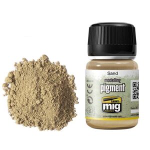Versatile sand pigment for realistic model making, featuring a secure bottle and vibrant label.