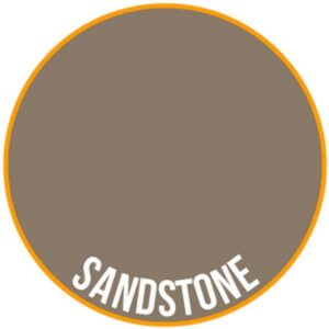 Muted brown sandstone color swatch with vibrant orange border and modern typography.