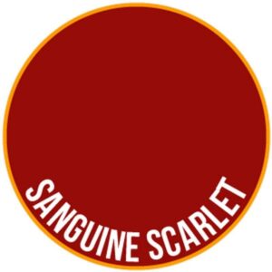 Sanguine Scarlet circle design with golden accents and modern white text for contemporary elegance.