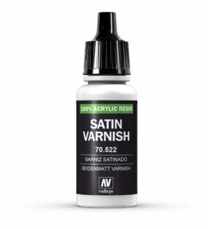 Satin varnish bottle, 100% acrylic resin, sleek design for artists and craft enthusiasts.