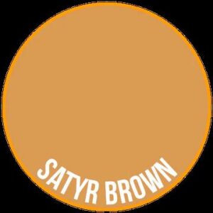 Warm Satyr Brown circular swatch with bold white text for elegant design inspiration.