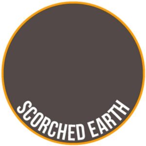 Dramatic dark gray circle with Scorched Earth text, framed by a vibrant orange border.