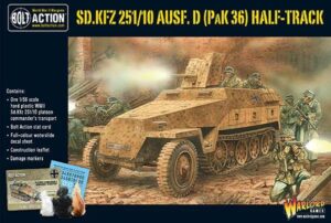 German Sd.Kfz. 251/10 model kit with anti-tank gun in dynamic WWII battlefield scene.