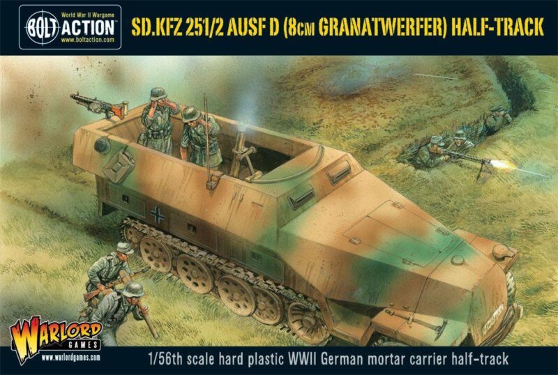German Sd.Kfz. 251/2 Ausf D half-track with mortar crew in a war-torn setting.
