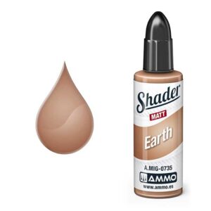 Ammo Shader Matt Earth acrylic paint bottle with glossy light brown paint droplet.