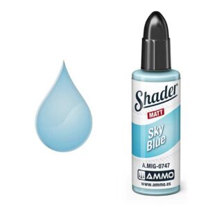 Shader Matt Sky Blue acrylic paint by AMMO, showcasing vibrant color and precise application.