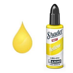 Glossy yellow paint droplet and sleek Shader Matt Yellow bottle for artists and hobbyists.