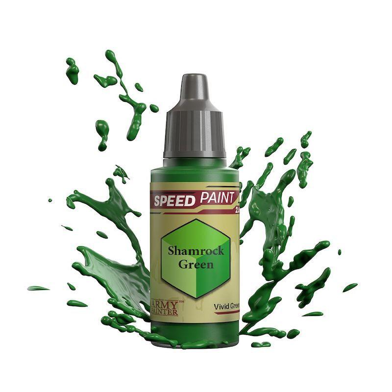 Vibrant Shamrock Green Speed Paint bottle against a dynamic green splash, perfect for creative projects.