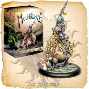 Whimsical knight Sir Hogsplash rides a colorful boar in the enchanting Moonstone tabletop game.
