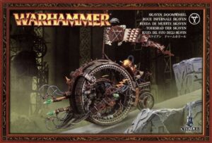 Skaven Doomwheel model kit art: Sinister war machine with rat driver on a vibrant backdrop.
