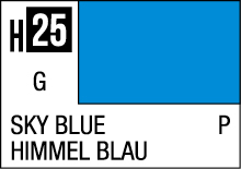 Sky Blue color sample card with code H25, featuring vibrant tranquility in English and German.